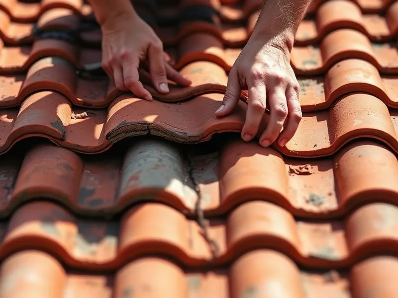 Hands replacing a cracked clay tile during a tile roof repair in San Diego
